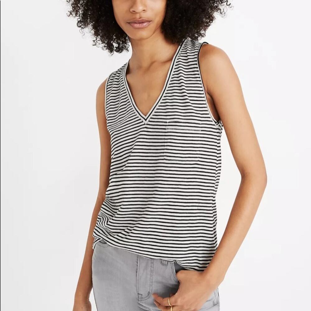 Madewell Whisper Cotton V-Neck Pocket Tank in Eastwood Stripe Black/White